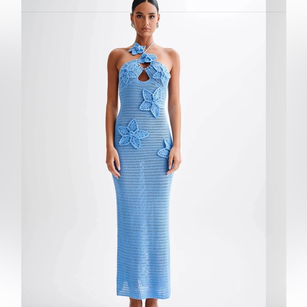 Blue Crochet Halter Maxi Dress